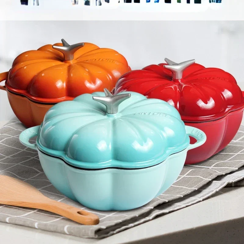 Pumpkin Shape Enamel Glazed Cast Iron Pot, Uncoated, Non-stick, Household Stew Pot, Induction Cooker, Universal Soup Pots