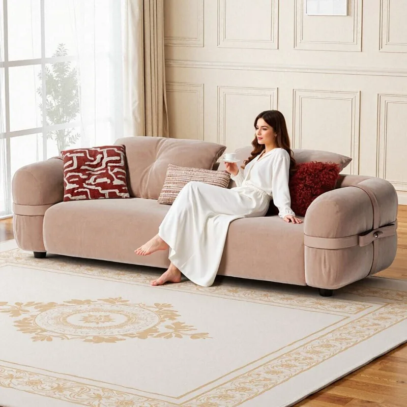 French fabric sofa, light luxury and high-end feel, simple vertical row small living room layout, detachable and washable cream-