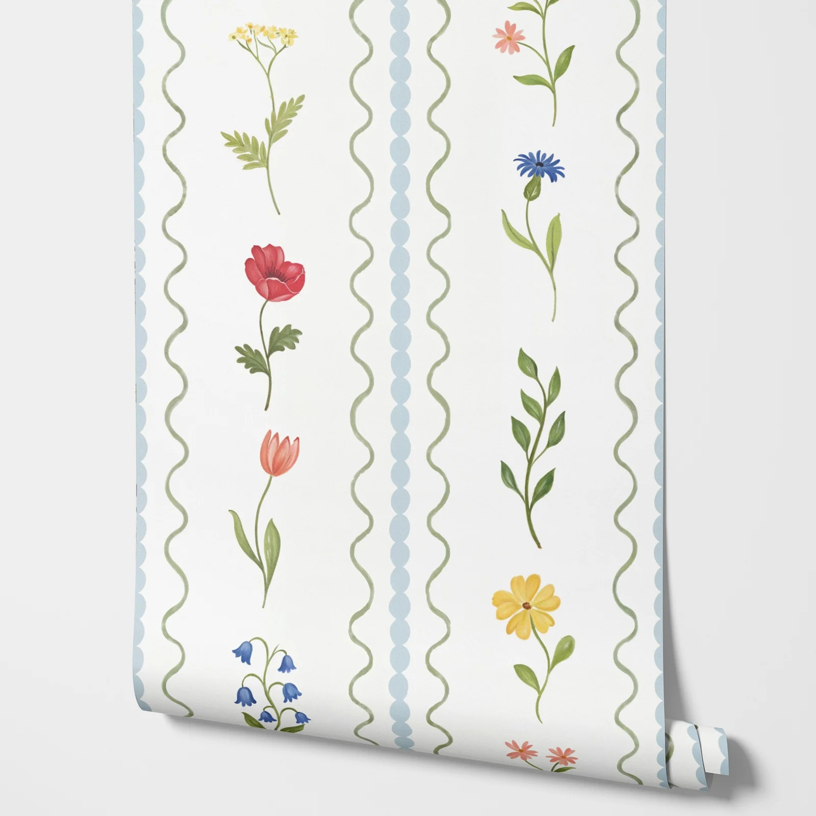 Striped With Blossoms Wallpaper Peel and Stick, Waves of Green Leaves Wall Mural For Room Decor,Self-adhesive Or Tradition Paper