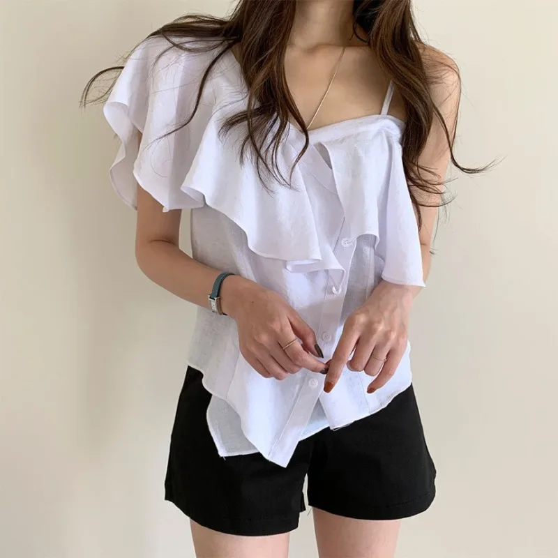 Irregular Ruffles Shirts & Blouses Off Shoulder 2025 Woman Blusas Single Breasted Camisas Feminino Ropa Mujer Summer New Tops