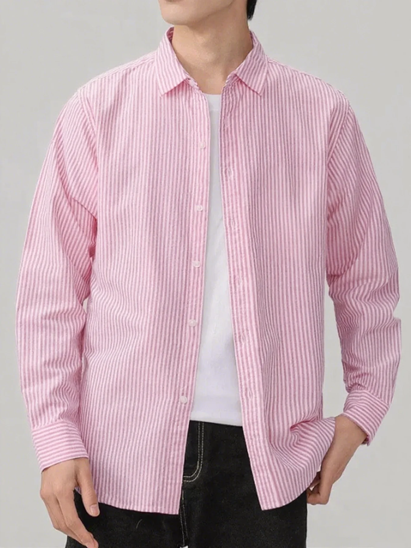 Camicia da uomo con colletto a righe vintage in stile americano, camicia esterna semplice a maniche lunghe, fresca e casual di fascia alta