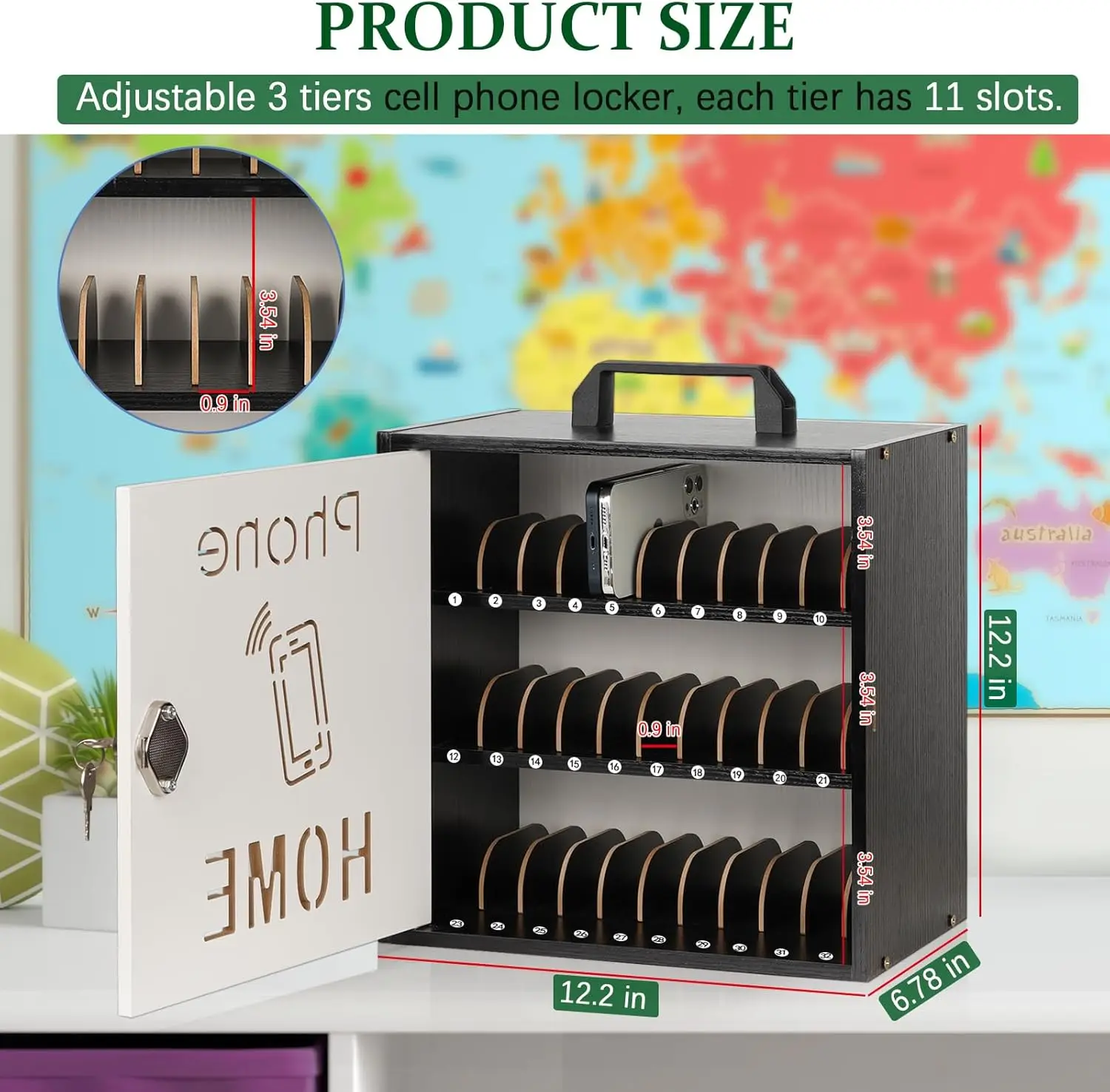 Adjustable Wooden Cell Phone Storage Cabinet with Lock, 33 Slots, Handle for Classroom Office Use