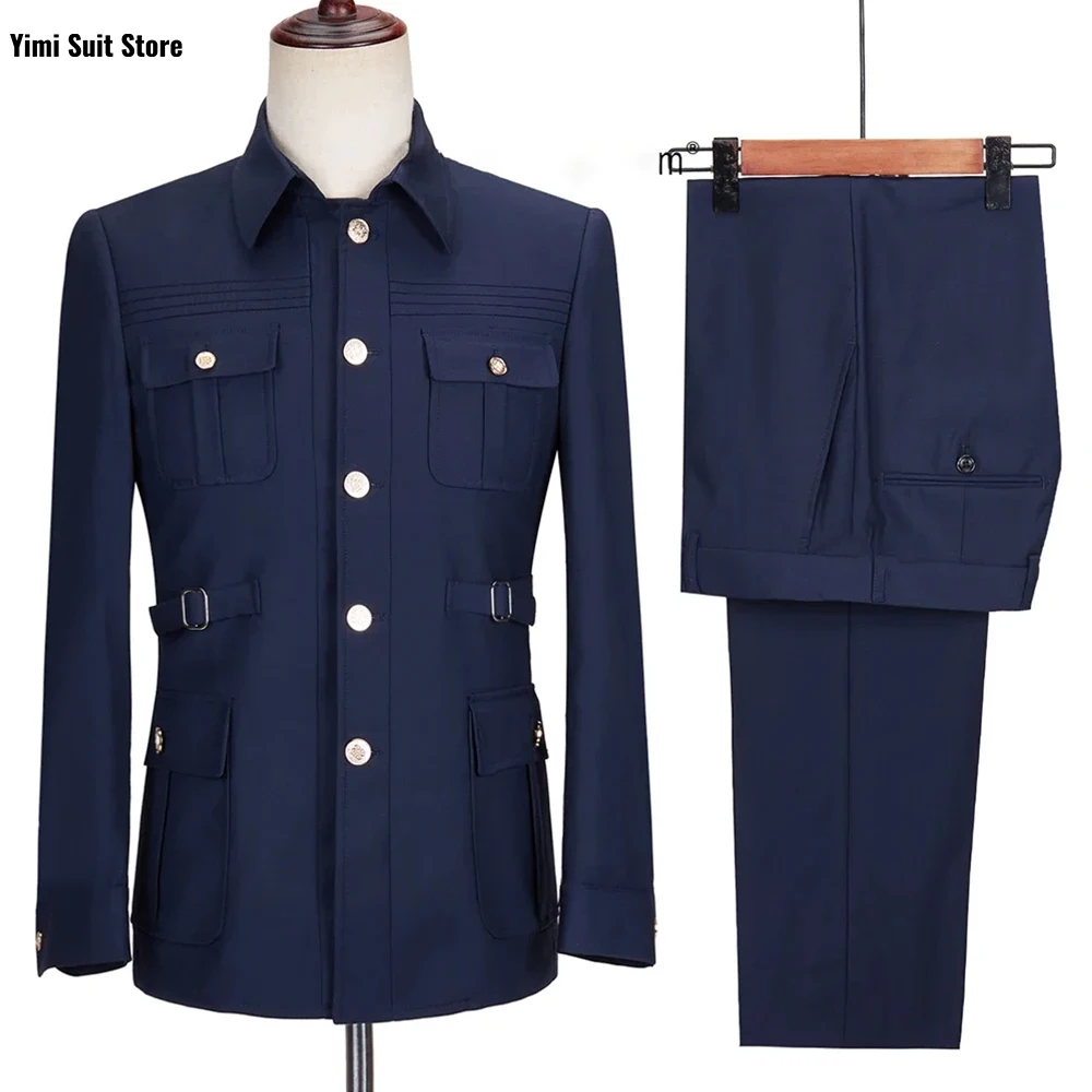 Single Breasted Suit Male Black New Fashion Formal Business Casual Coat Pants 2 Pieces Set Classic Fit Multi Buckle Jacket+Pants