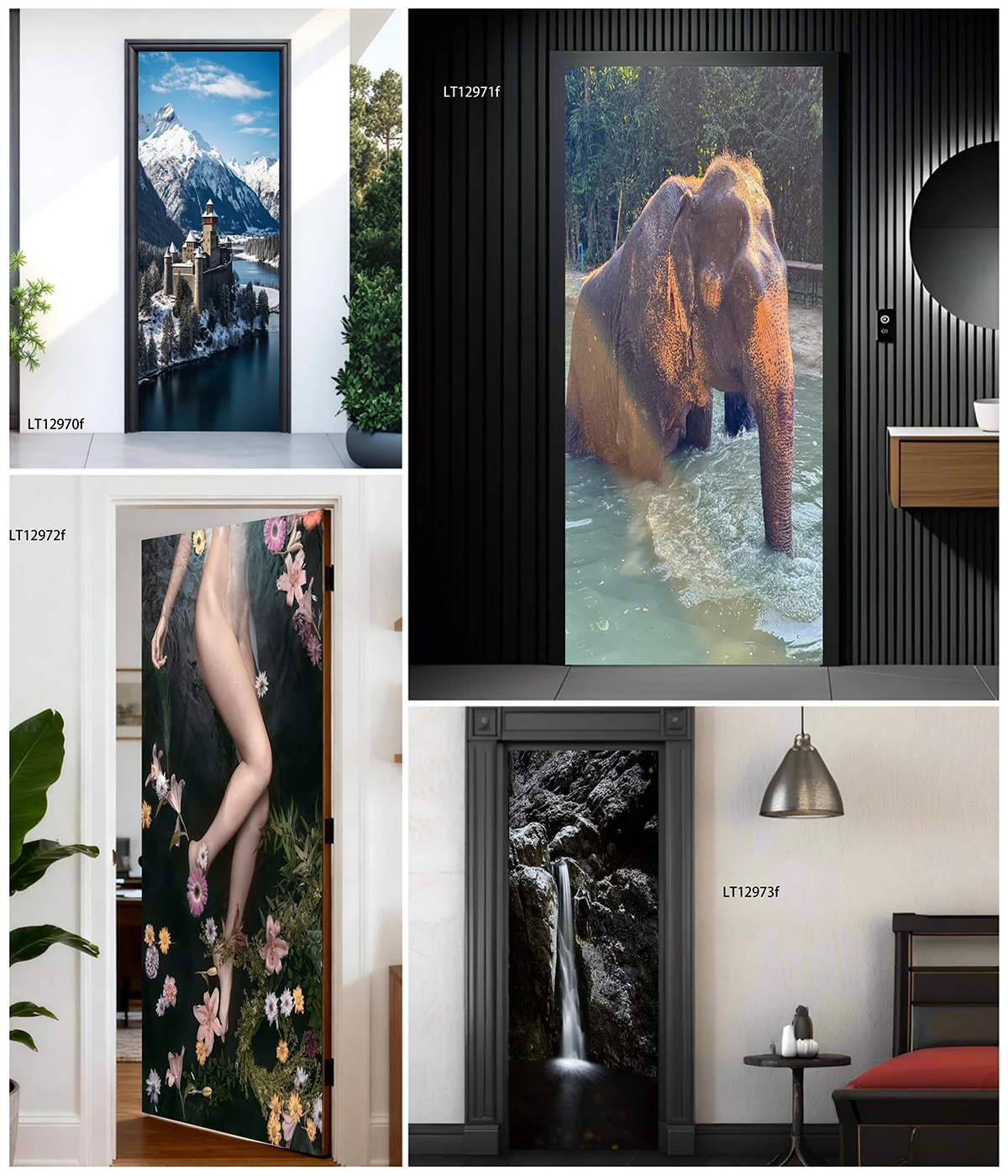 Waterproof Self-Adhesive Door Wallpaper Mountain Castle Elephant Waterfall Floral Figure Removable PVC Interior Door Home Decor