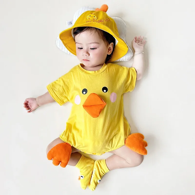 Summer new style baby bag with bib, cute little yellow duck for boys and girls, super adorable short-sleeved shirt for newborns view 3