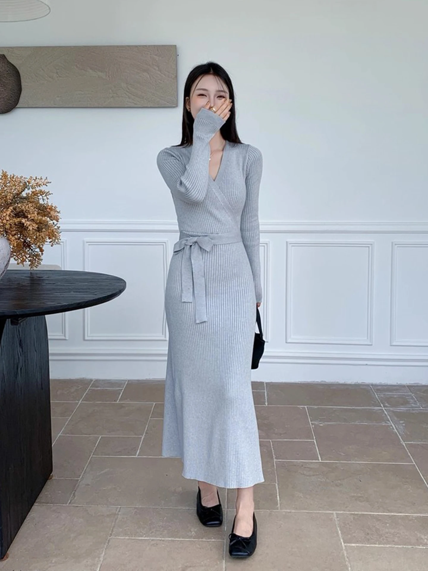 Ele V-Ne Ruched محبوك الدكتور المرأة الخريف الشتاء التخسيس تنورة طويلة التفاف الدكتور مريحة صالح Busin عادية Dr