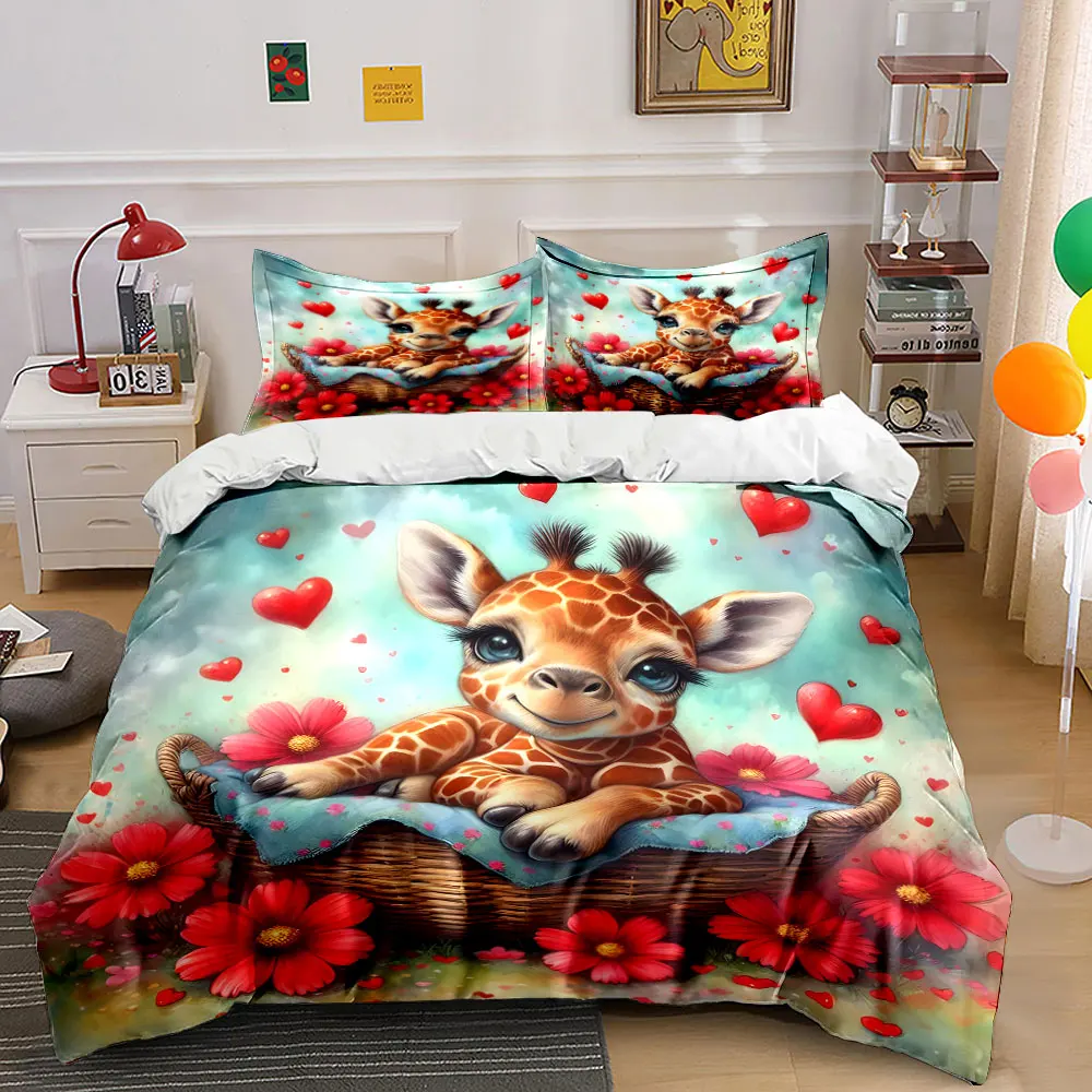 Adorable giraffe in cozy basket Bedding Set for Kids Luxury Gift 3pcs Digital Print Comforter Set Soft Comfortable Breathable