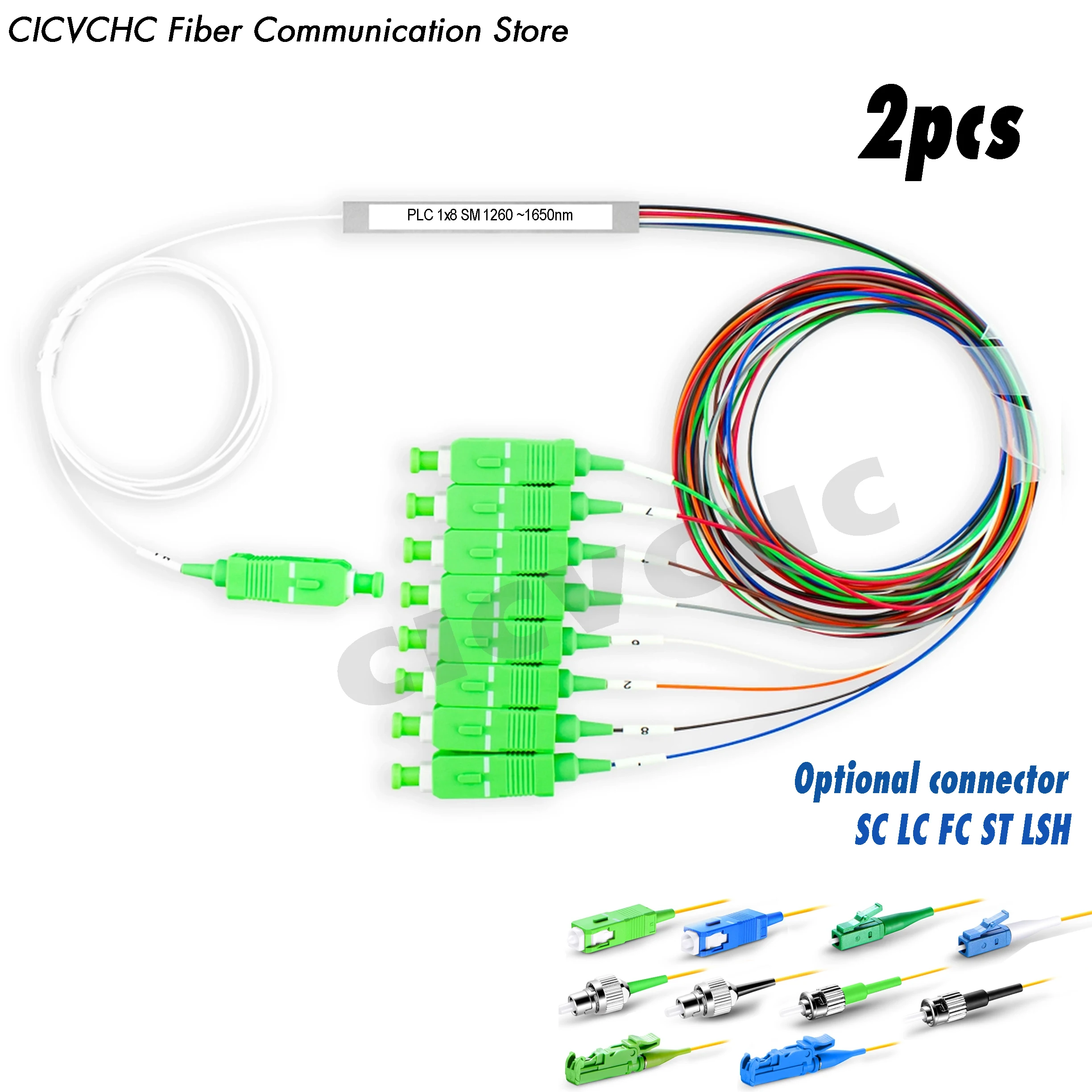 2pcs 1x8 PLC Optical Splitter, Mini Module, Singe Mode Fiber, SC, LC, FC, ST, E2000 Connector, 1m length, 0.9mm tube