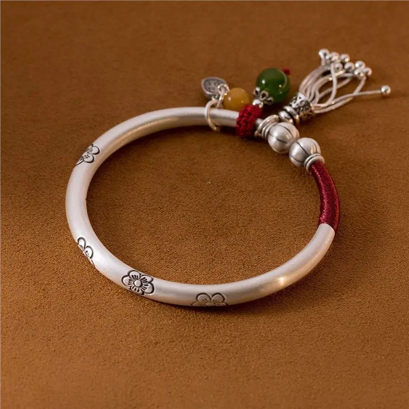 

S999 Plum Blossom Apricot Leaf Pumpkin Open Solid Sterling Silver Adjustable Bracelet