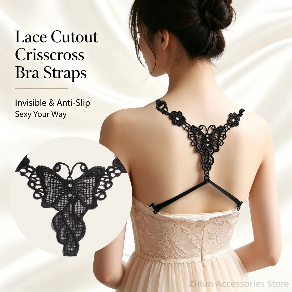 Lace Cutout Clear Bra Straps,Invisible Crisscross Back Strap with Butterfly,Anti-Slip Thin Lingerie Belt,Perfect for Dress & Top