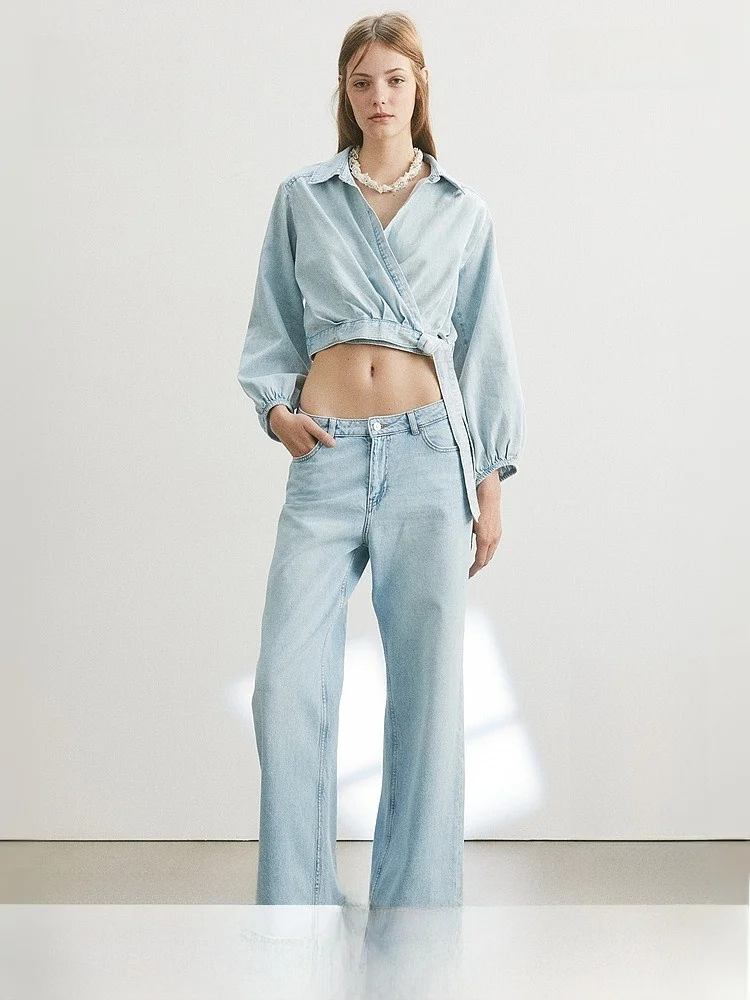 

H&M Women's Denim Shirt Wrap Style Commute Fashionable Casual Cotton Long Sleeve V-Neck Belted New Summer 2026