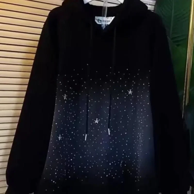 

300 Pounds Plus Size Chubby MM Loose Hooded Thick Velvet Medium Long Style with Starry Sky Print Long Sleeved Sweatshirt Women