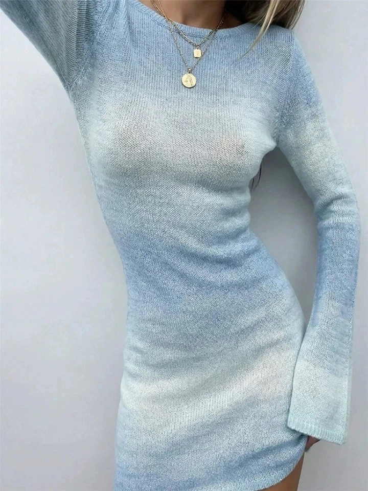 

Elegant Backless Long Sleeve Slim Dress Spring Summer Women New High Waist Dresses Fashion Gradient Printed Knitted Beach Dress
