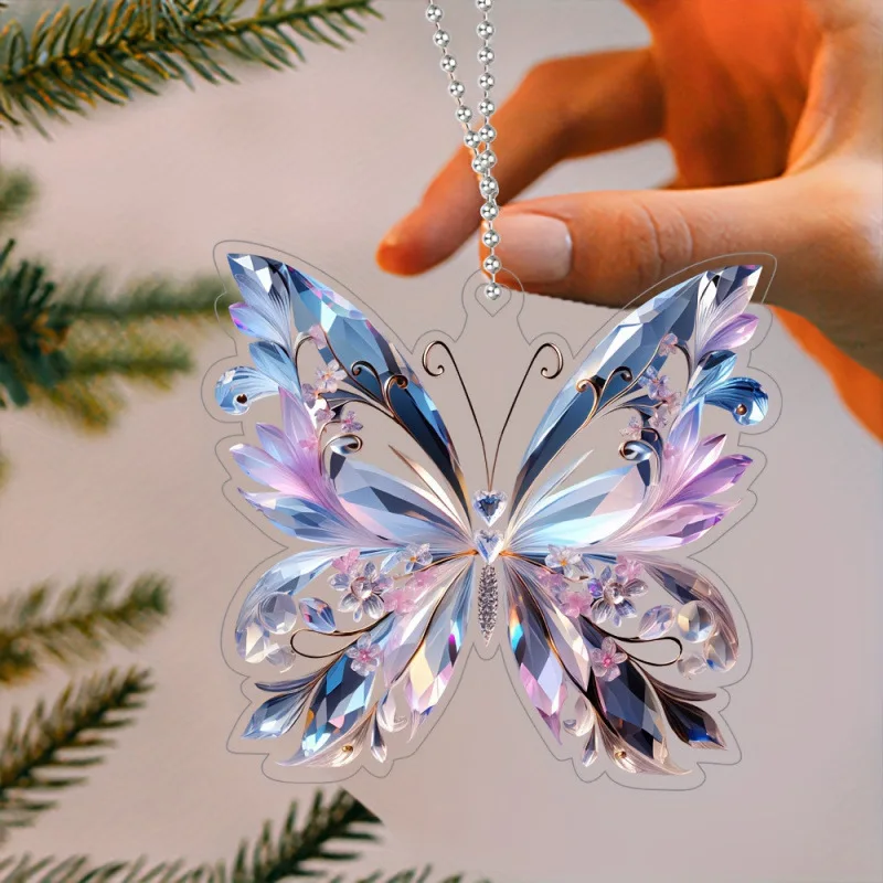 Shiny Butterfly 2D Flat Acrylic Keychain Bag Pendant Suncatcher Hanging Ornament Window Home Decoration for Room Jewelry Gift