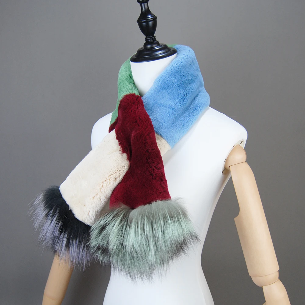 2024 Winter Women Genuine Knitted Fox Fur Scarf Real Rex Rabbit Fur Collar Warm Neck Natural colorful Rex Rabbit Fur Scarves