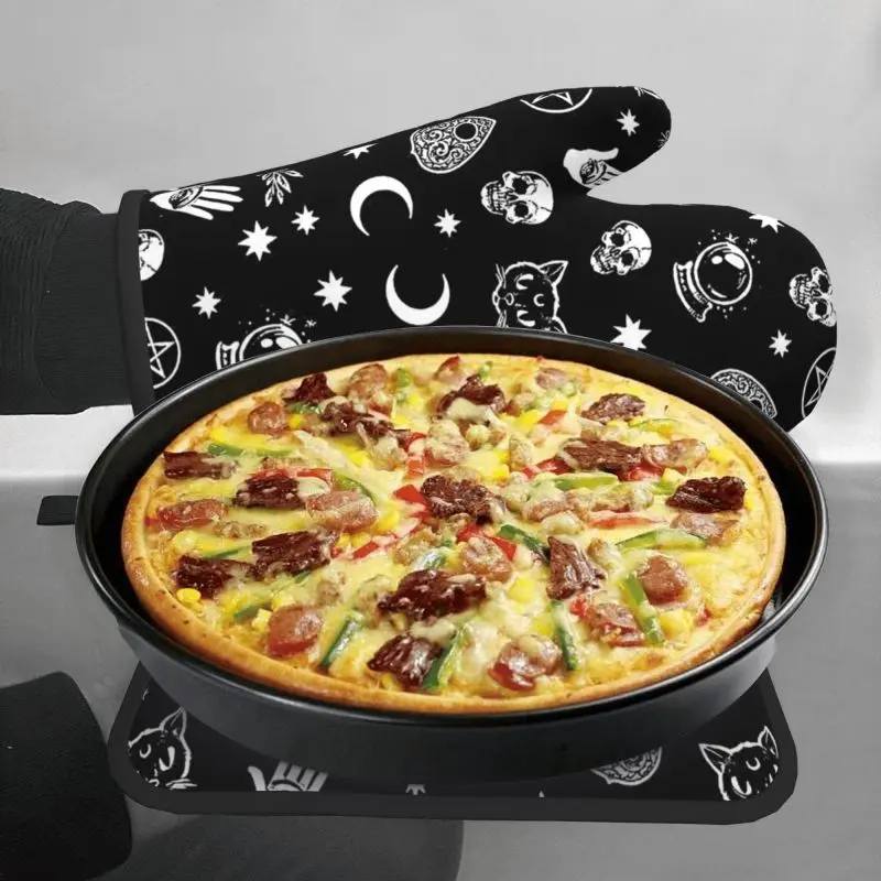 Skull Cat Moon Gothic Oven Mitts and Pot Holders Sets,Heat Resistant Non Slip Kitchen Gloves Hot Pads with Inner Cotton Layer