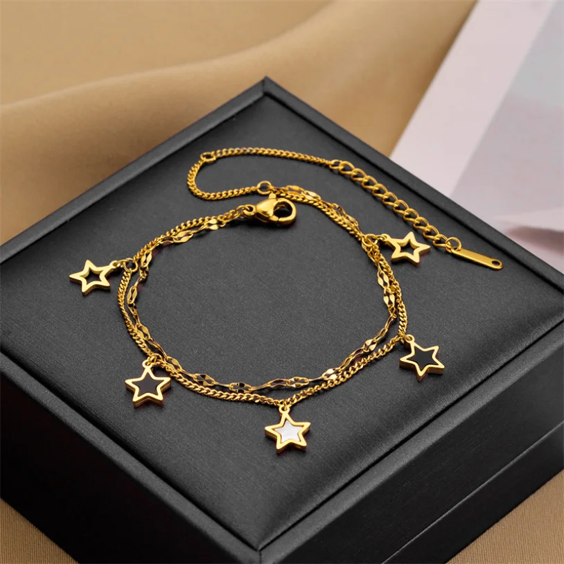 316L Stainless Steel New Fashion Upscale Jewelry 2 Layer Embedded Shell Black And White Star Charm Chain Bracelets For Women