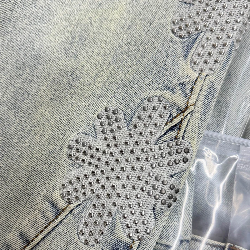 Tendência americana lostshdws jeans flor do sol indústria pesada quente diamante retalhos lavado ligeiramente queimado calças lostshdws