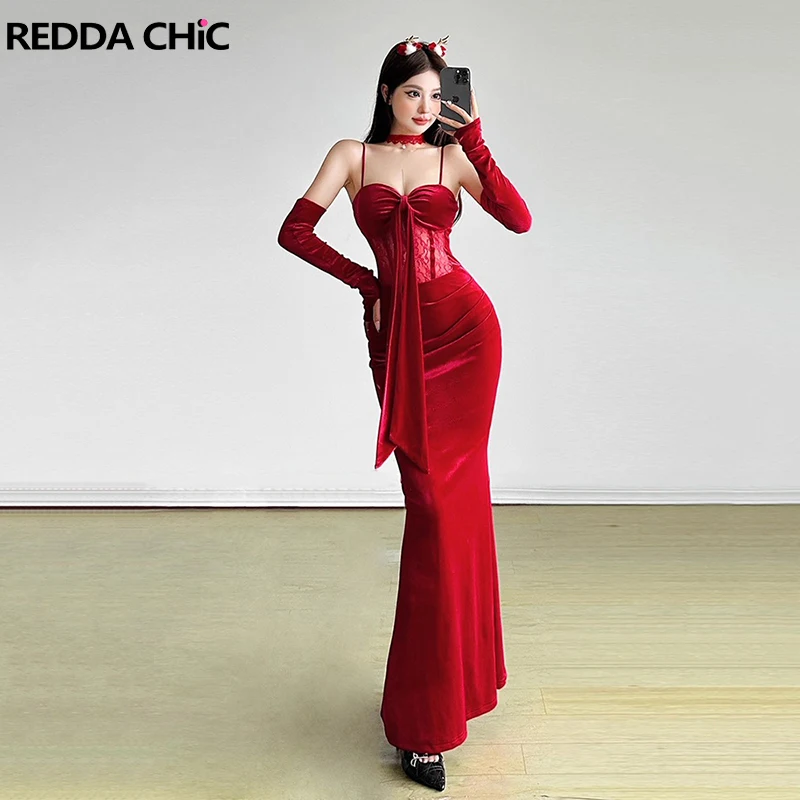 REDDACHiC عيد الميلاد النساء ثوب حفلة مع قفازات شير الدانتيل مثير القوس مشد حورية البحر ماكسي طويل Bodycon فستان حفلة ملابس رسمية