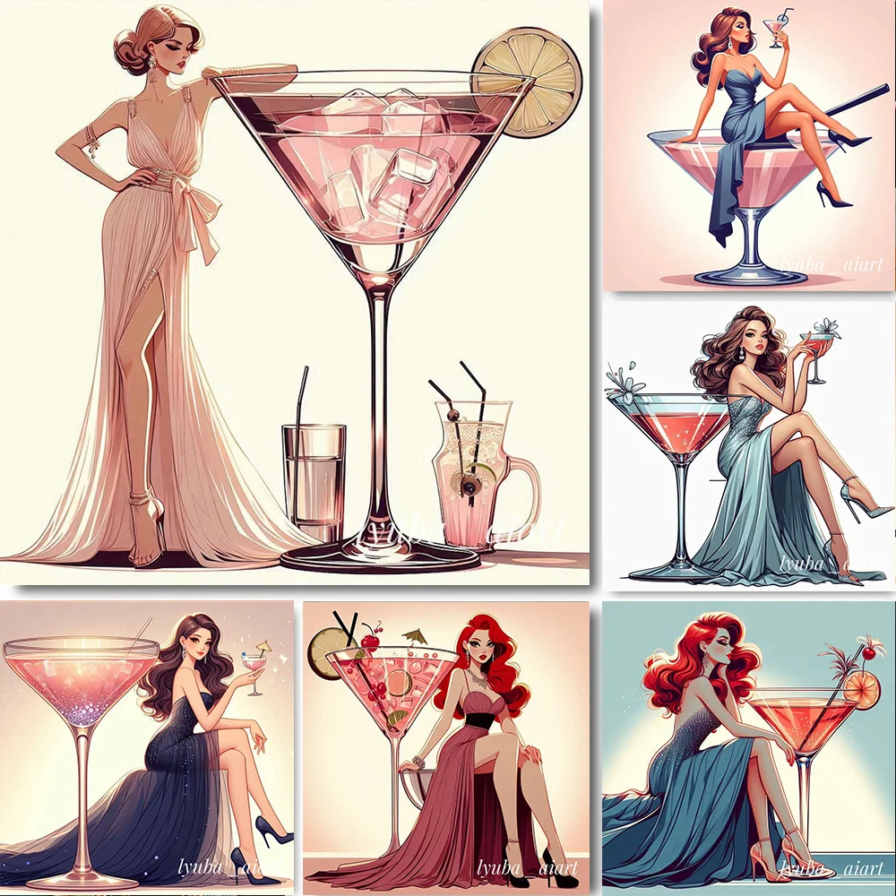 Fashionable And Elegant Woman And Refreshing Cocktail 5D Full Circle Diamond Painting DIY Diamond Mosaic Embroidery Cross Stitch