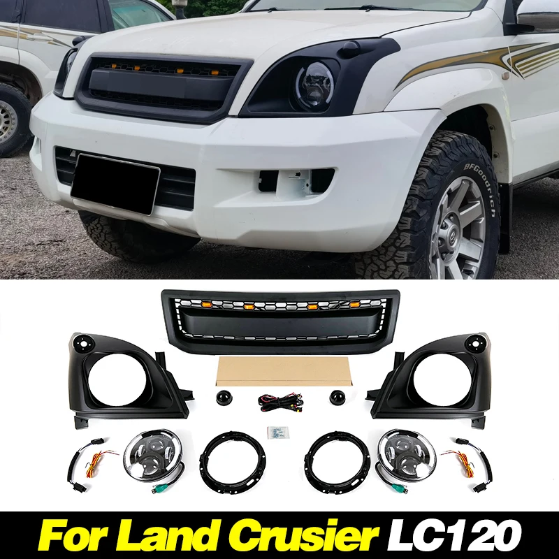 Auto Parts Front Bumper Grill & light frame & LED headlights Fits For Land Cruiser Prado LC120 2002-2009 FJ120 Racing Gril