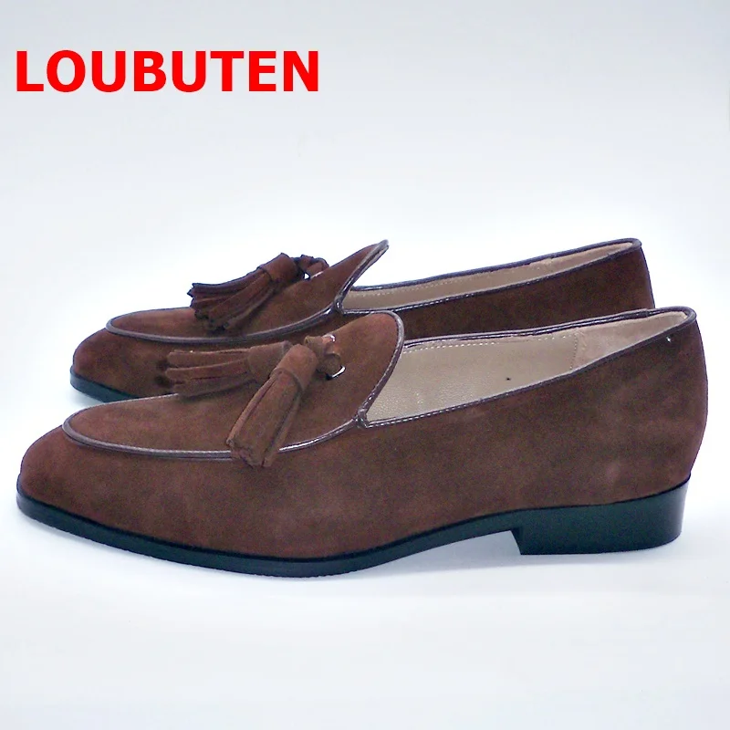 LOUBUTEN Brown Men Suede Shoes Handmade Fashion Tassel Loafers Men Italian Summer Leather Casual Shoes Business Mens Shoes