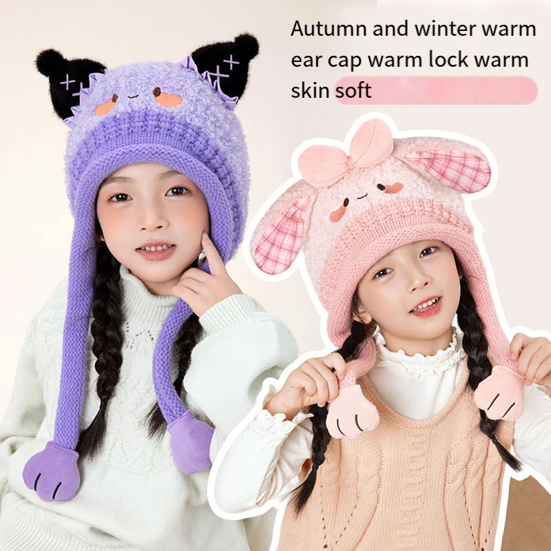 Kuromi Child Yarn Hat Sanrios Cartoon Cute Fashion Cartoon Windproof Keep Warm Boy Girl Knitted Hat Ear Protection Hat Winter