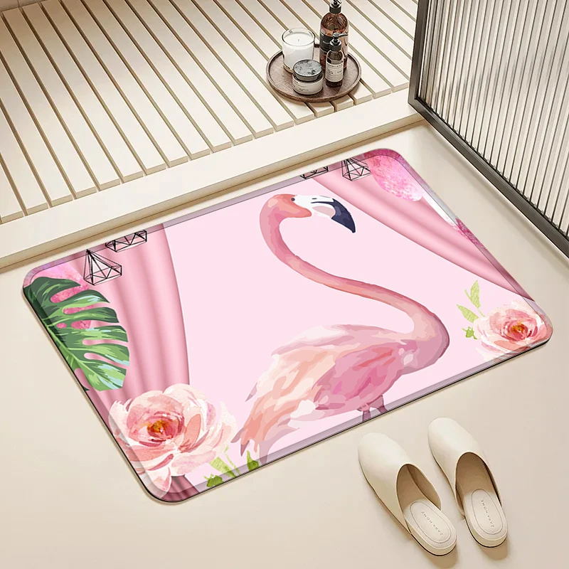 

Pink Curtain Flamingo Door Mat Non-Slip Absorbent Floor Rug for Home Bathroom Kitchen Decor