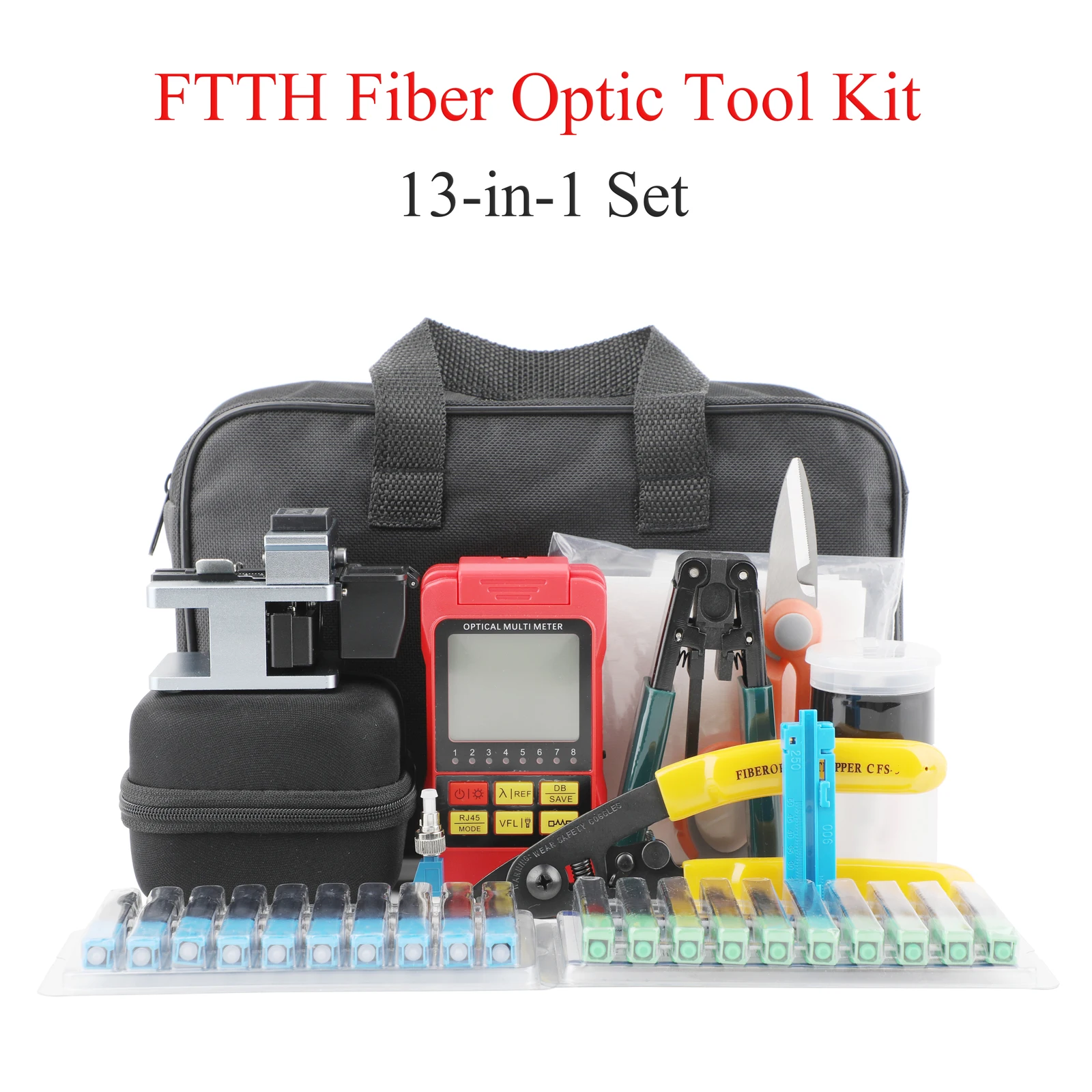 FTTH Fiber Optic Termination Tool Kit (11/12/13/14 PCS in 1) with high-precision fiber optic cleaver,cleaning tools