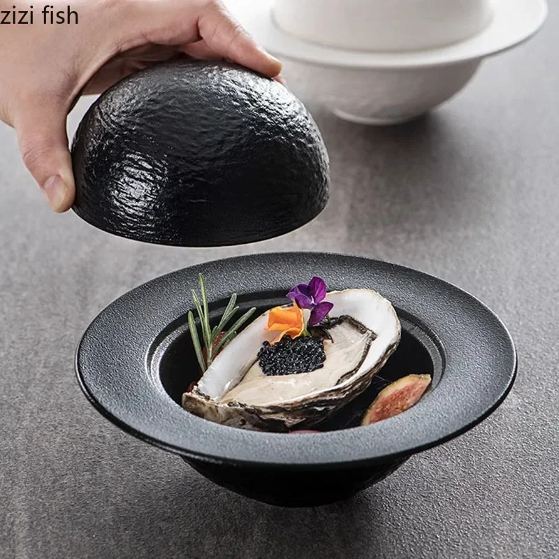 Solid Color Rock Texture Ceramic Bowl with Lid Dessert Bowl Thick Soup Bowl Steamed Egg Bowls Restaurant Creative Tableware