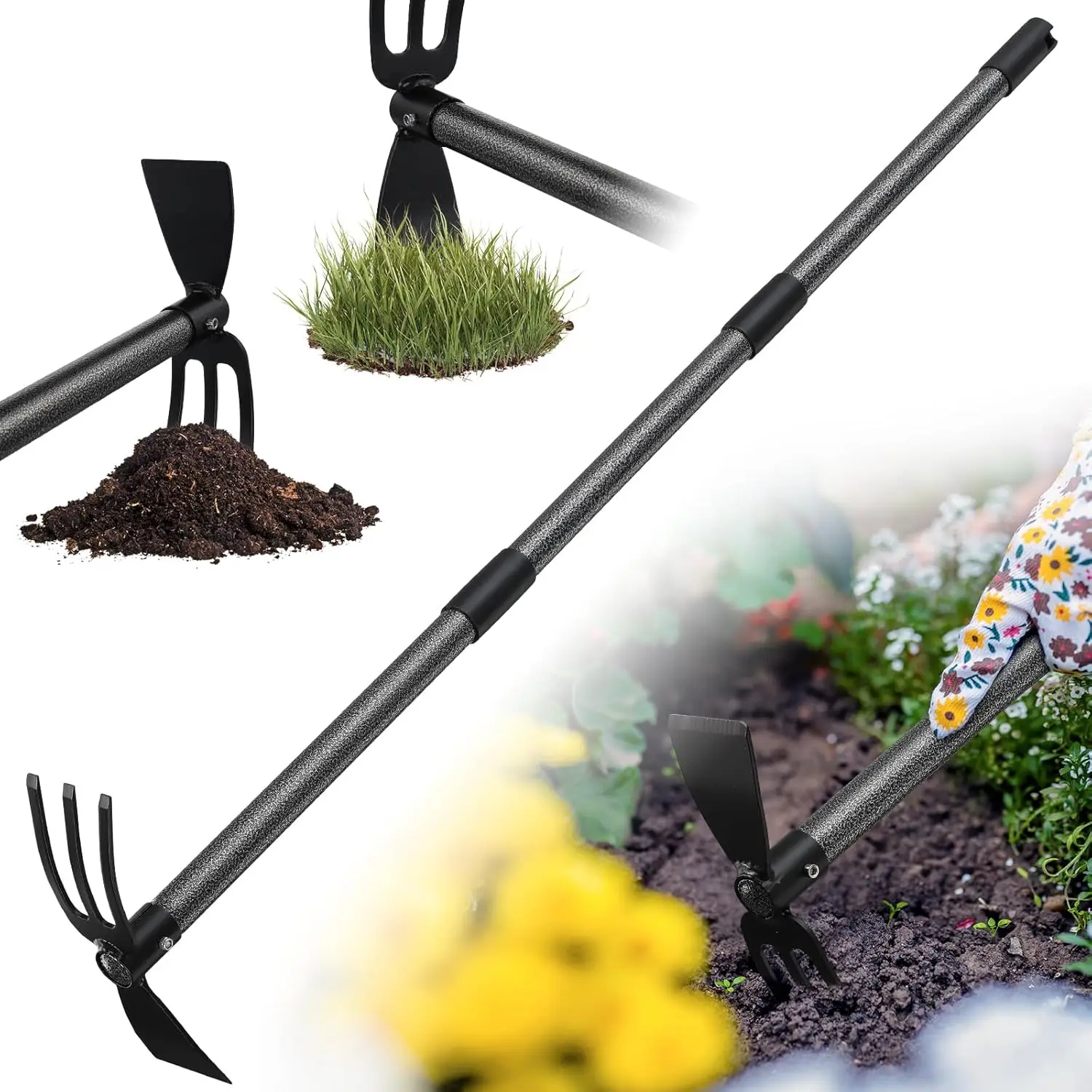 

Усиленная садовая мотыга-культиватор 2-в-1 с граблями, 60-дюймовая длинная ручка для прополки и посадки