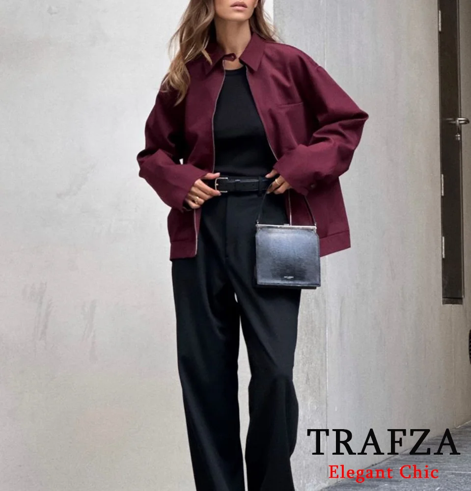 TRAFZA-Women Vintage Loose Lapel Jacket Burgundy Color Zipper Jacket New 2024 Autumn Stylish Versatile Casual Jacket