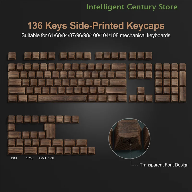 136 Keys Walnut Wood Grain Side Print PBT Keycaps Backlit Dye-Sub Cherry Profile For MX Switch Mechanical Keyboard