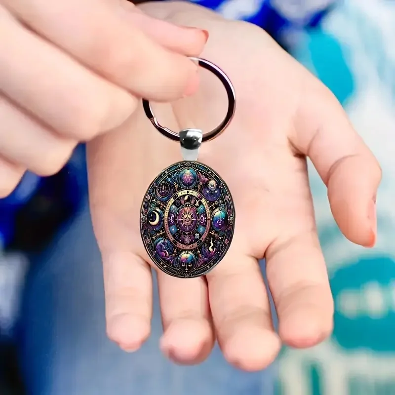 keychain galaxy Sun, Moon & Stars with Zodiac Signs. Metallic Finish. Unisex Gift for Holidays & Anniversaries