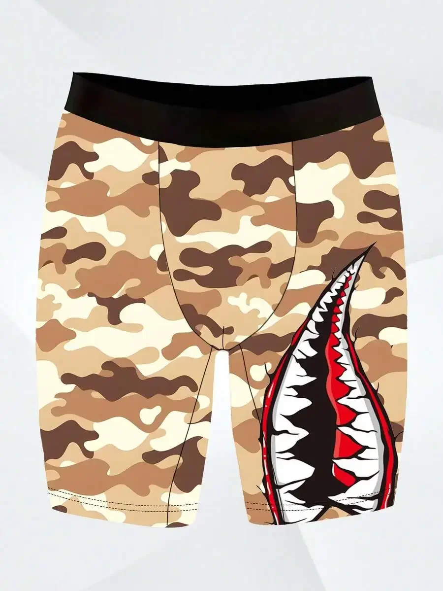 

Mens Camouflage Print Boxer Shorts With Shark Mouth Design Soft Breathable Polyester Knit Elastic Waist