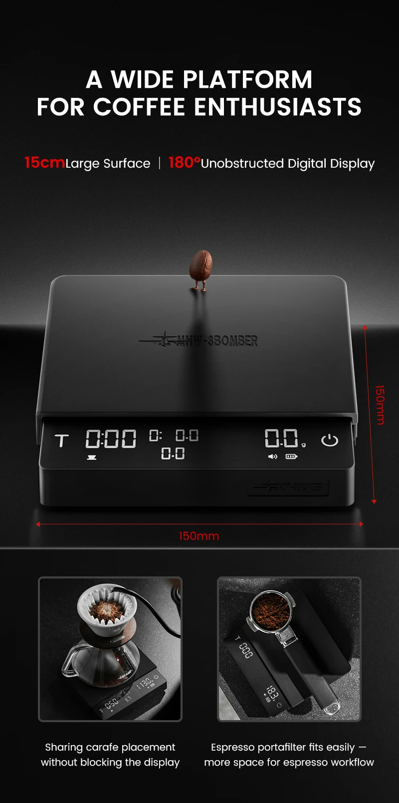 MHW-3BOMBER Cube Coffee Scale 3.0 Pro Max Digital Kitchen Coffee Scale High Precision Flow Rate Big Battery Coffee Accessories