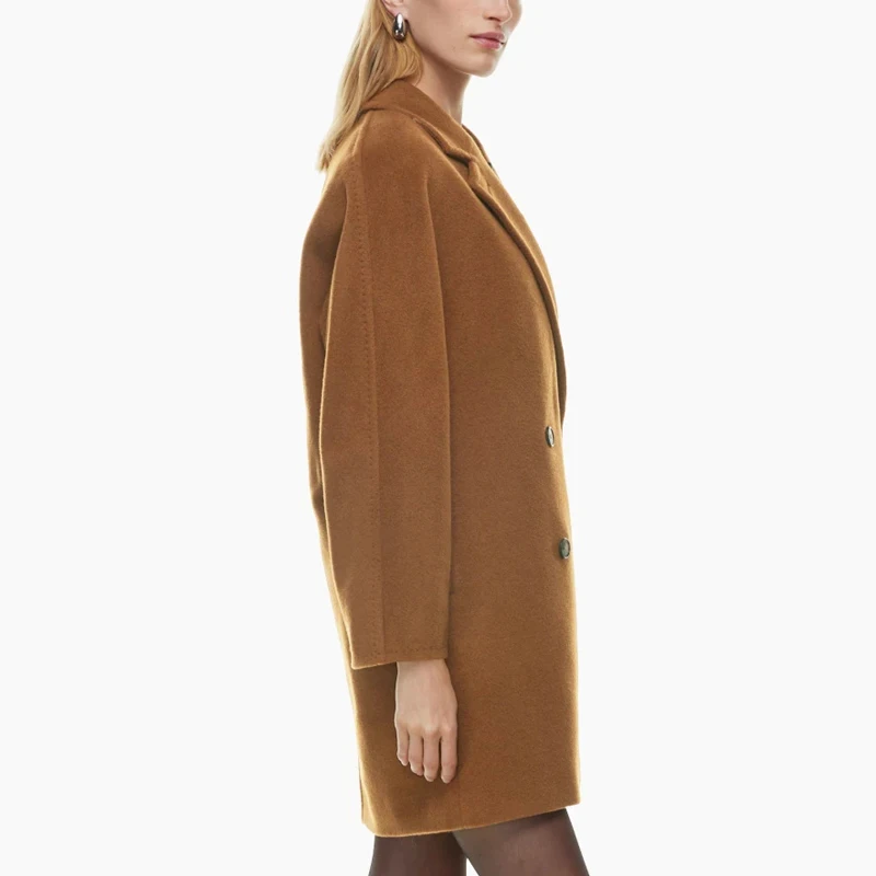 Classic Brown Double Breasted Women's Wool Blend Coat - Premium Mid-Length Winter Warmth