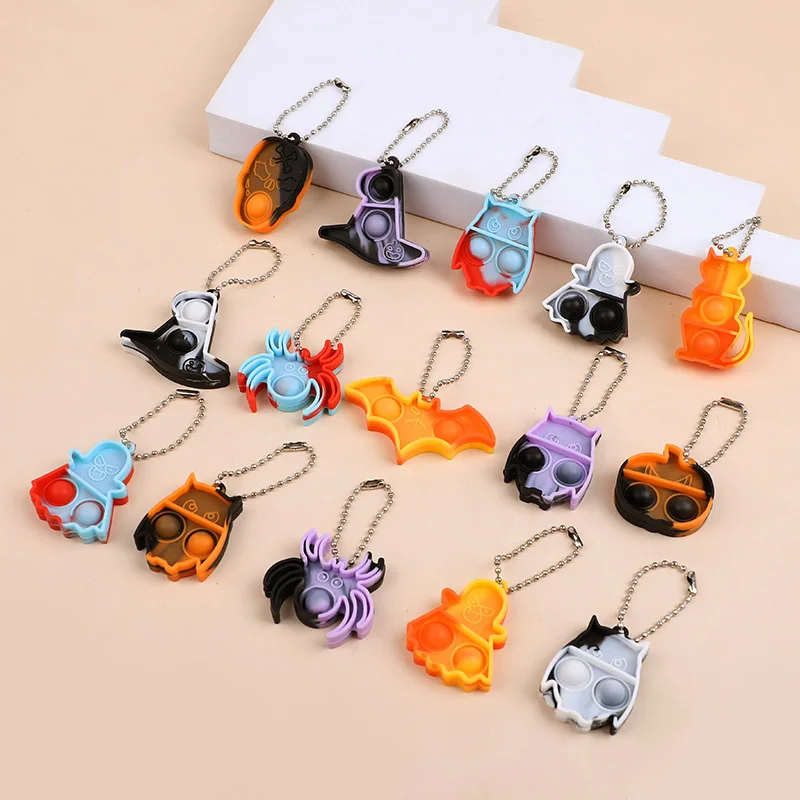 10Pcs Halloween Mini Pop Keychain Fidget Toys Pumpkin Spider Ornaments Kids Favors Happy Halloween Party Gifts Decor Supplies