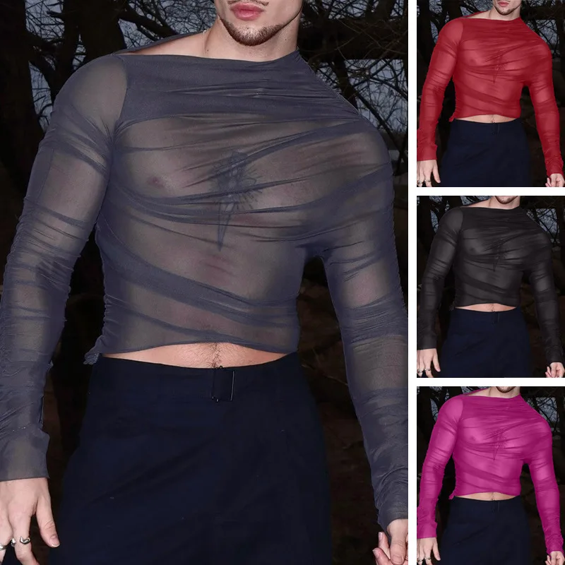 Micro Perspective Sexy Men's Top Long Sleeve Mesh Breathable T-Shirt Men's Clothing