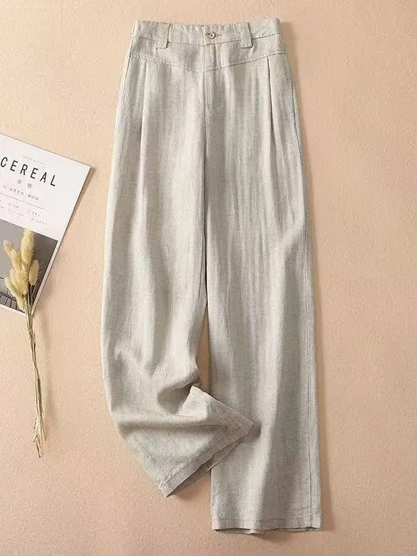 الراقية ليوسيل المضادة للتجاعيد الكتان بنطال ذو قصة أرجل واسعة المرأة الربيع الصيف رقيقة القطن الكتان عادية فضفاض ثنى مستقيم الساق T... #1