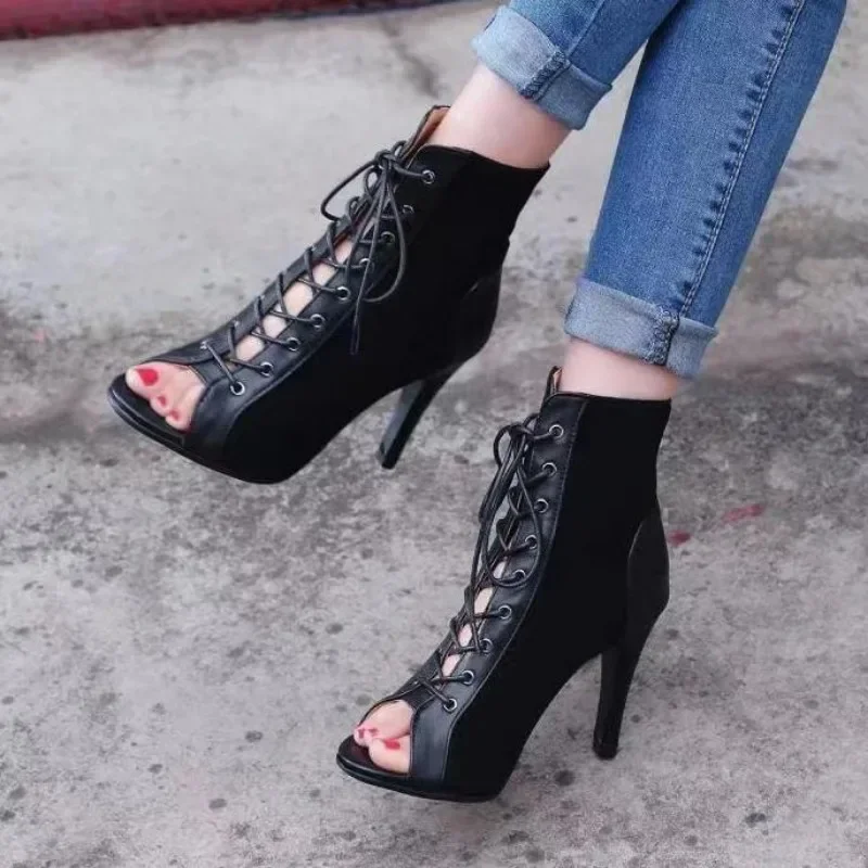 

New Lace-Up Sandals Heels Women's Shoes Summer Trend Black Sexy Peep Toe Boots Fashion Cloth Stilettos Jazz Dance Female Sandal