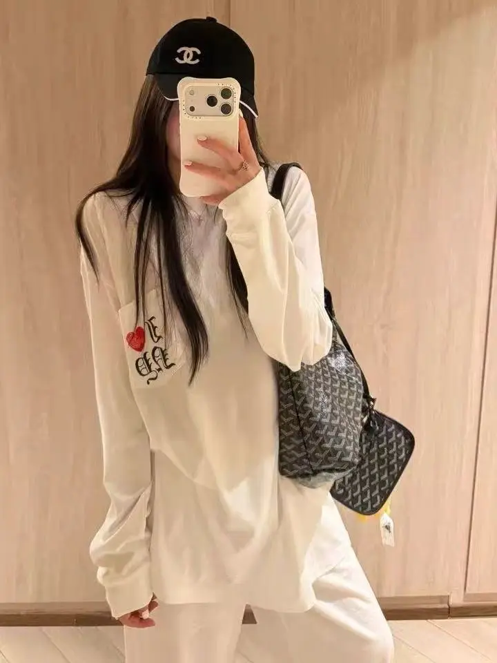 Loose Fit Long Sleeve T-Shirt Women's Autumn Cotton Print Pocket Gothic Love Heart Indian Style Casual Comfortable Top