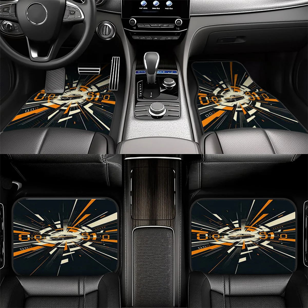 5pcs Car Floor Mats, Trunk Mats, Retro Sports Car Shuttling Through The Speed Of Light Tunnel Dynamic Geometric Pattern Car Floo