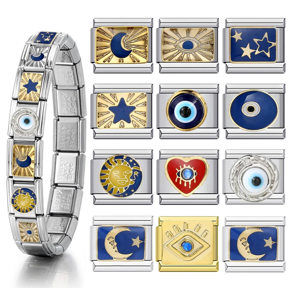Single Y2K Gothic Demon Eyes Mysterious Sun Moon Star Italian Charm Bracelet Stainless Steel DIY Making Jewelry Accessories