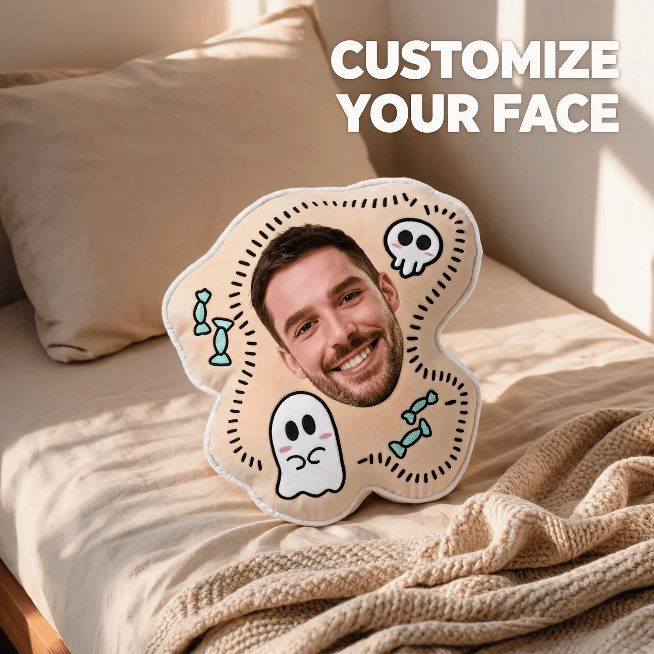 Custom Photo Face Shaped Pillow, Funny Halloween Ghost And Skull Design Personalized Decorative Cushion, Unique Home Decor Accen