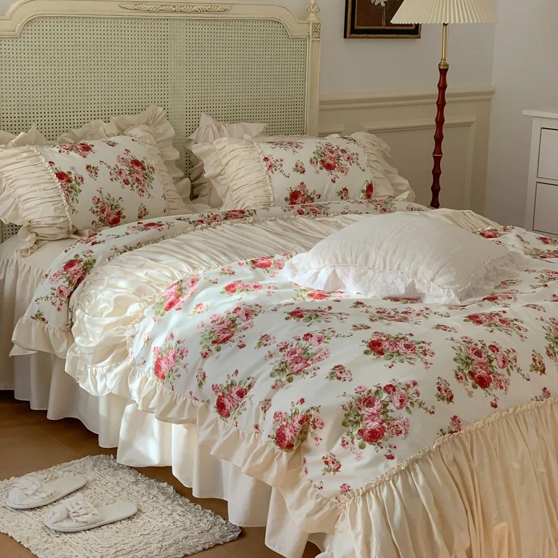 Elegant Lace Queen Bedding Set Romantic Ruffle Duvet Cover Design Bedding Floral Bed Set Bedroom Bed Sheets Luxury Bedding Sets