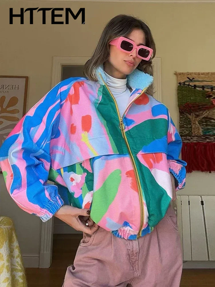 Colorful Women's Autumn Jacket Printed Long Sleeve Patchwork Lamb Stand Collar Zipper Female Coat 2026 Casual Lady Streetwear