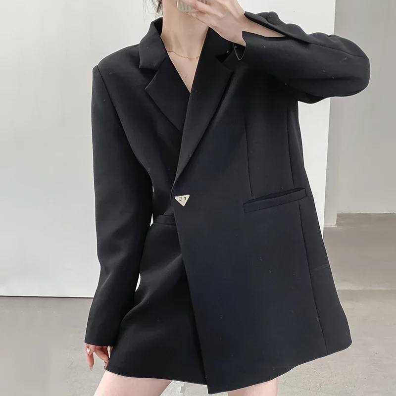 2024 Spring new women blazer long sleeve black triangle buckle mid length suit jacket