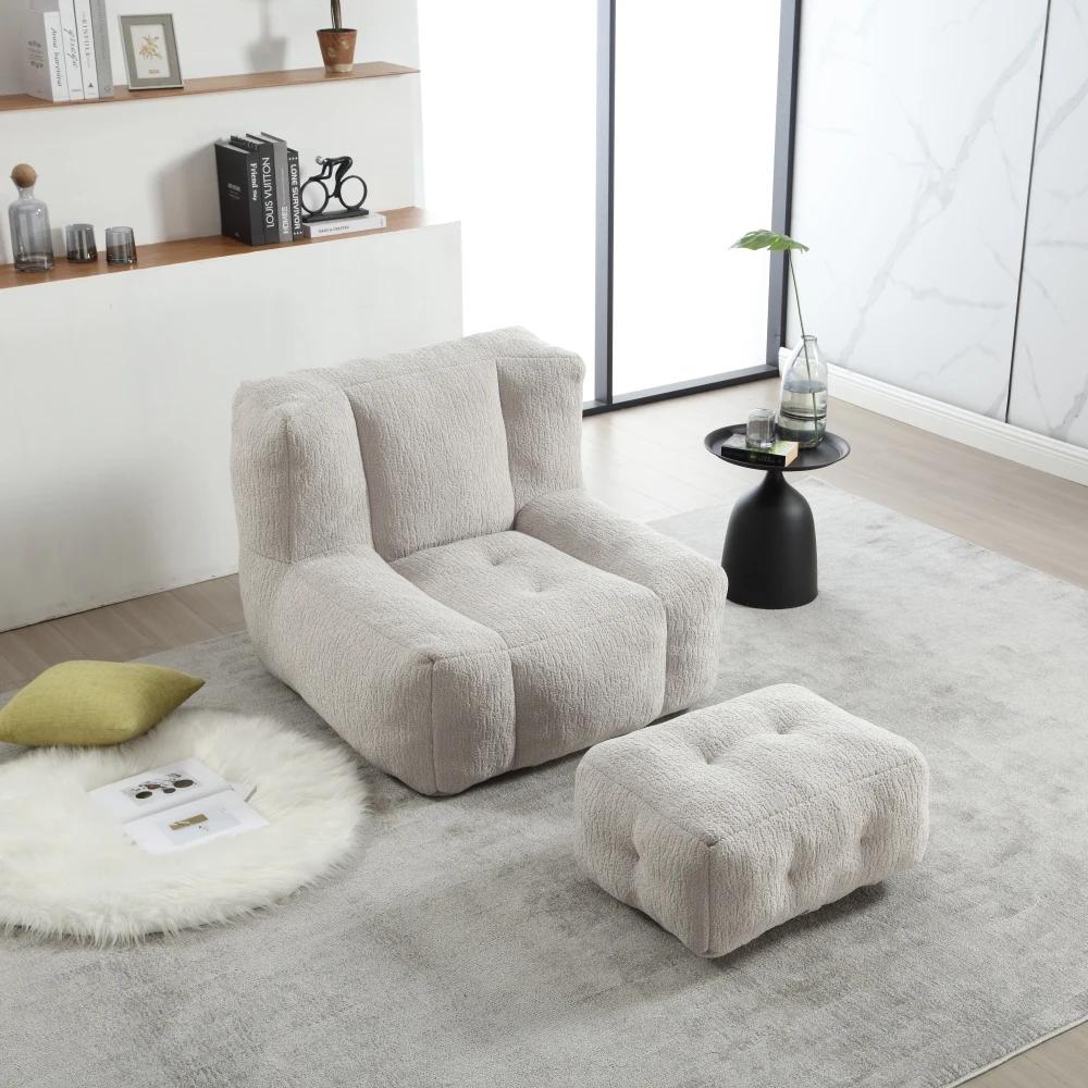 

Giant Velvet Bean Bag Sleeper Chair with Ottoman, Fluffy Memory Foam Lazy Floor Couch Sofa, for Living Room Bedroom, Light Grey