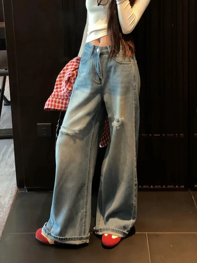 Loose Lazy American Style Hot Girl Jeans Women's Autumn New Retro Weathered Long Pants Floor-Length Cuffed Natural Waist